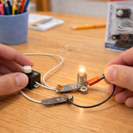 Person assembling a small electrical circuit with a light bulb on a wooden table.