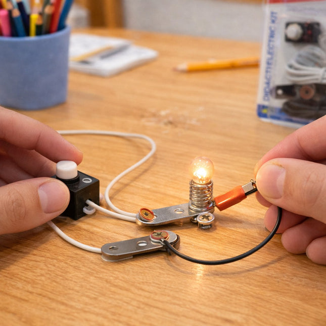 Person assembling a small electrical circuit with a light bulb on a wooden table.