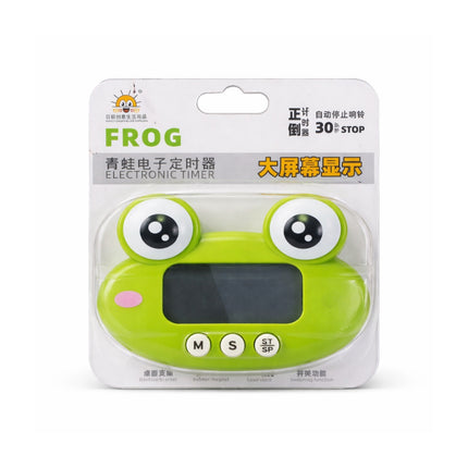 Green electronic timer shaped like a frog on its packaging with text in Chinese.