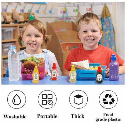 Two children with a lunch setup in a classroom, featuring icons and text describing product features.