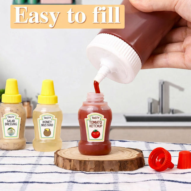 Ketchup bottle being filled with red sauce on a wooden block with other condiment bottles in the background.