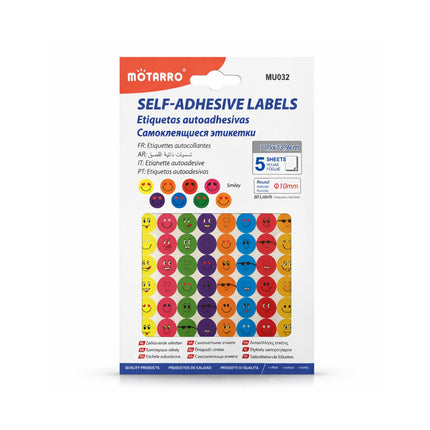 Packaging of Mötarro self-adhesive labels with smiley face designs on a white background