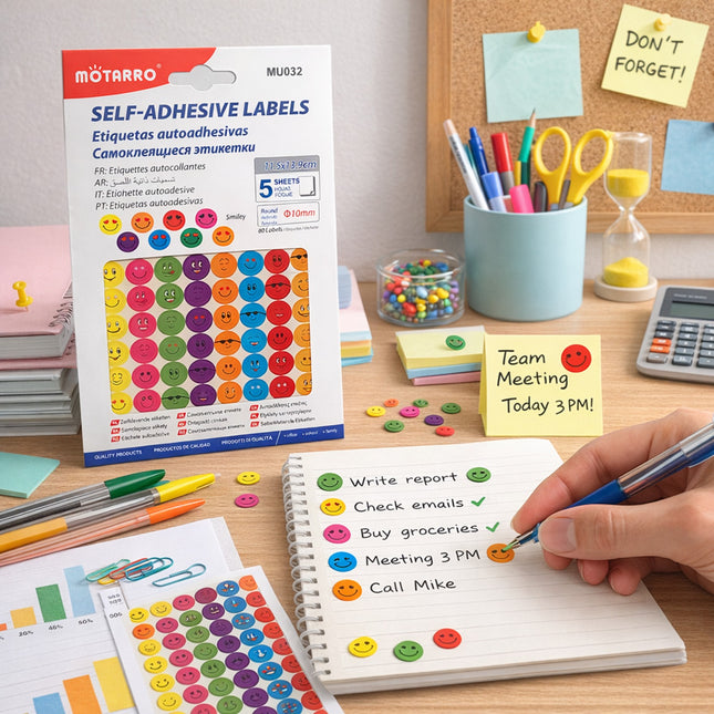 MOTARRO self-adhesive labels with a person using them on a notepad, surrounded by office supplies.
