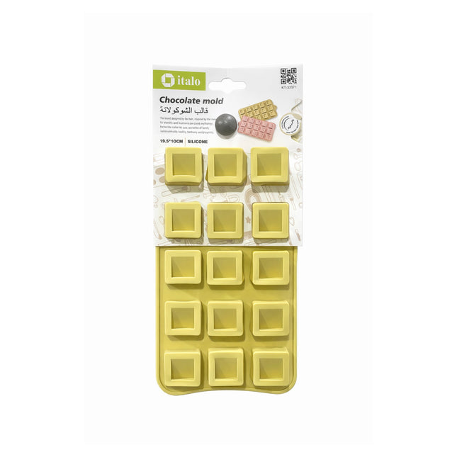 Yellow silicone chocolate mold packaging with 'italo' branding on a white background