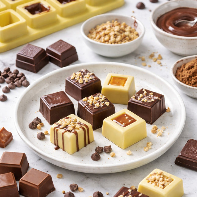 Assorted chocolates on a plate with ingredients in bowls on a light background