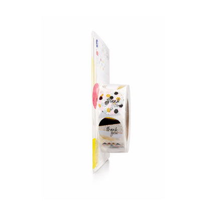 Roll of decorative tape with 'thank you' text and colorful design on a white background