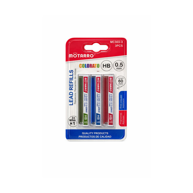 Motarro lead refills packaging with red and blue leads on a white background