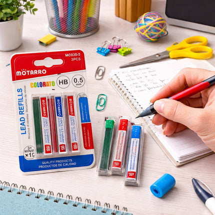 Motarro lead refills packaging with a hand holding a pen on a desk with stationery items.
