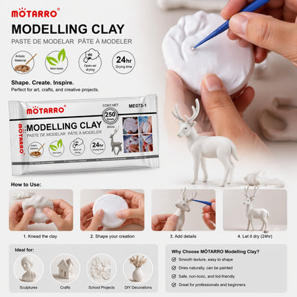MOTARRO modelling clay packaging with usage instructions and examples of creations.