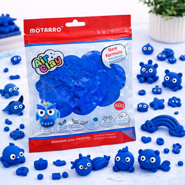 Blue air clay packaging with various clay models on a white surface