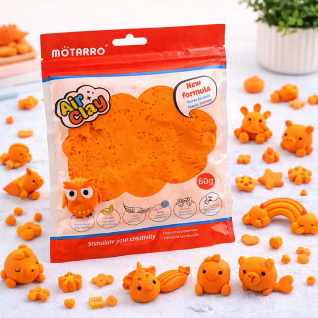 Package of Motarro Air Clay with orange clay models on a white background