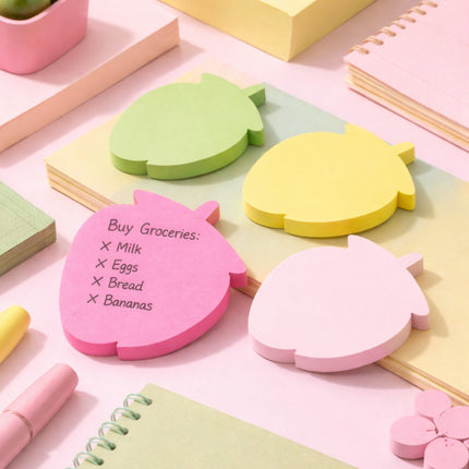 Colorful fruit-shaped sticky notes on a pink background