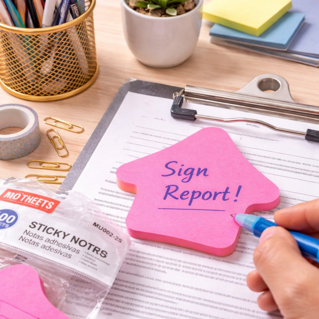 Person writing 'Sign Report!' on a pink sticky note with office supplies in the background.