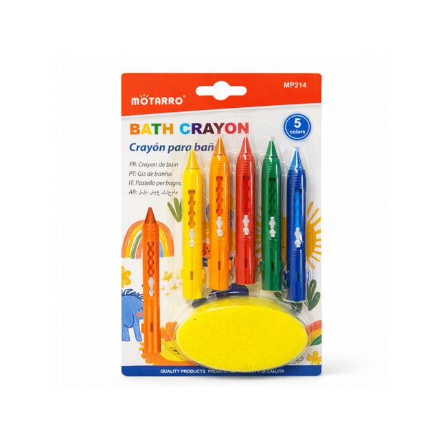 Pack of bath crayons with colorful packaging on a white background
