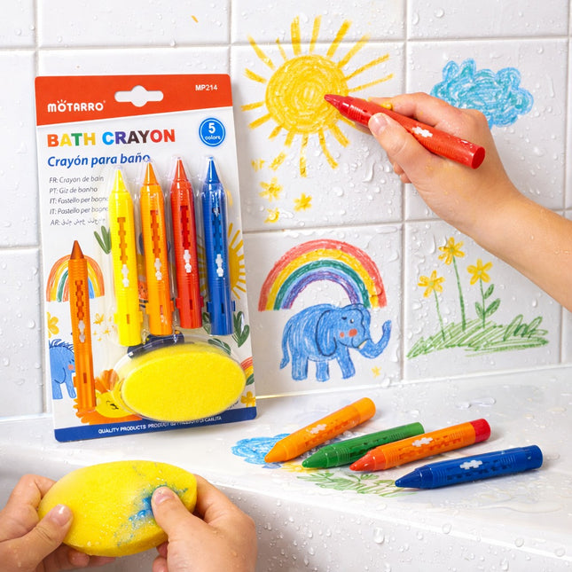 Bath crayons with packaging and child's hand drawing on tiles