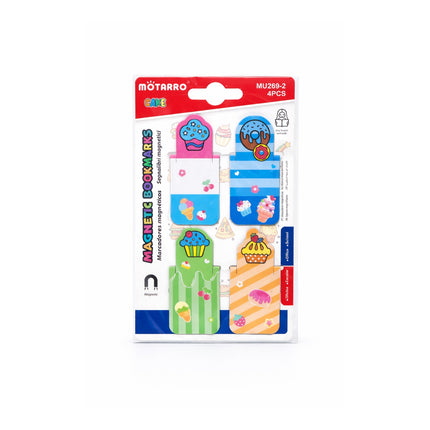 Packaged magnetic bookmarks with cartoon designs on a white background