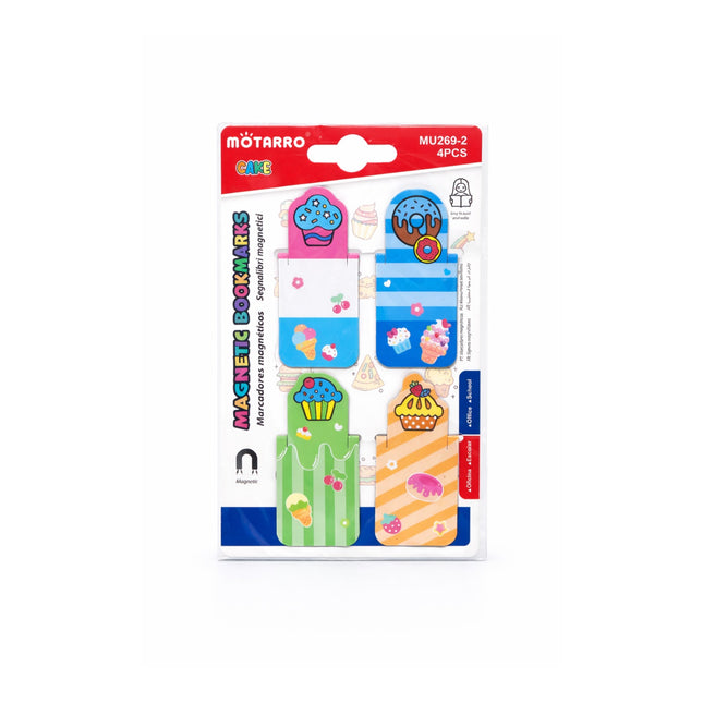 Packaged magnetic bookmarks with cartoon designs on a white background