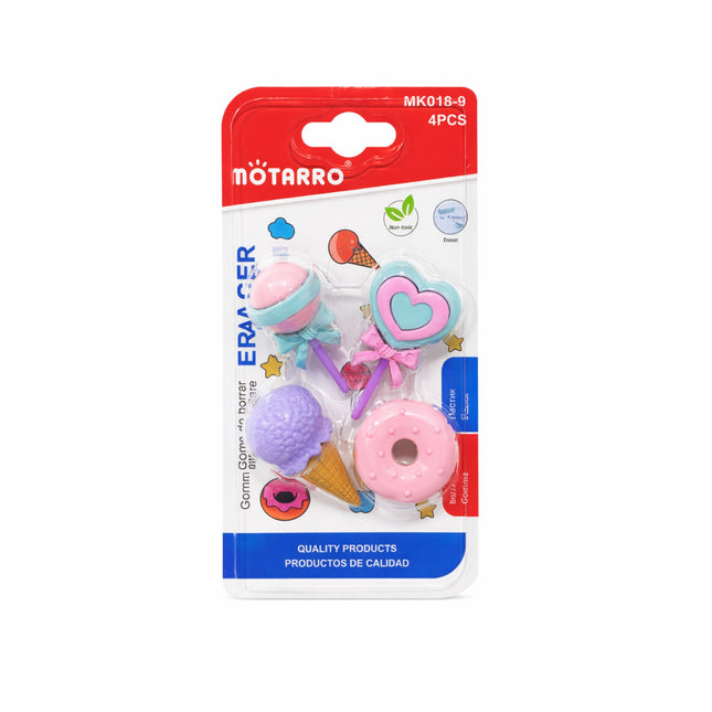 Pack of colorful erasers with Motarro branding on a white background