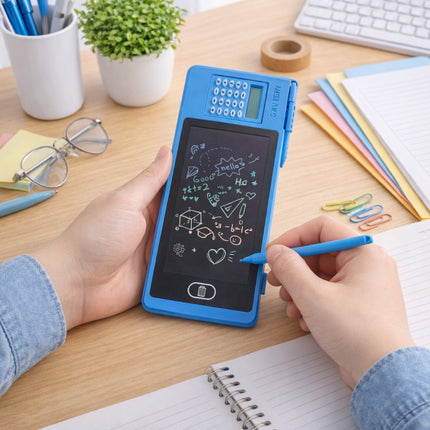 Person using a small blue electronic writing pad on a desk with stationery items.