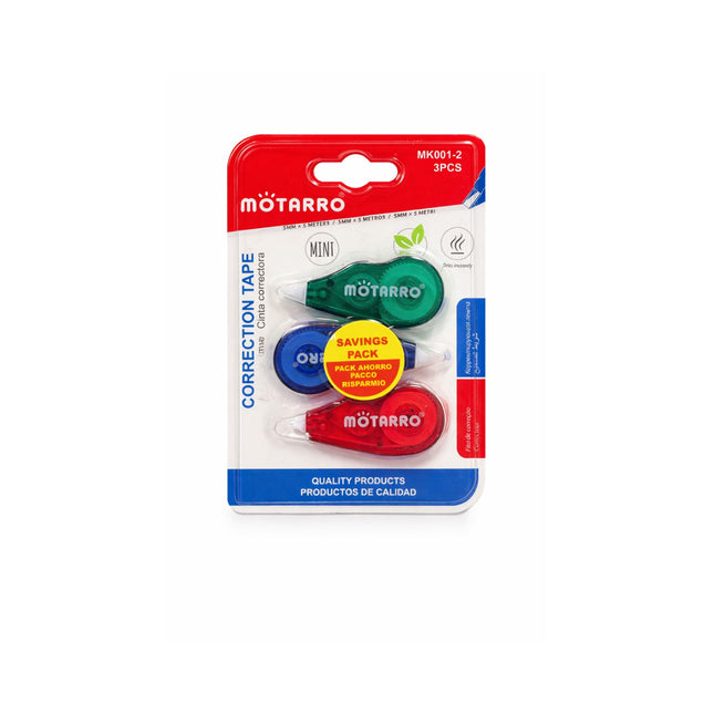 Pack of Motarro correction tapes with red, blue, and green colors on a white background.