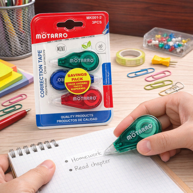 Motarro correction tape with packaging on a desk with stationery items
