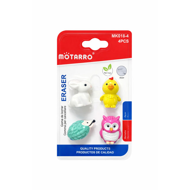 Pack of four cartoon-shaped erasers in a Motarro packaging on a white background