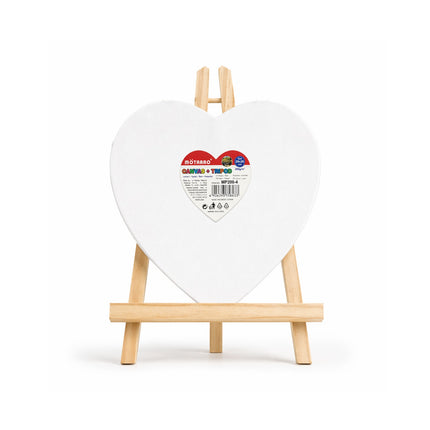Heart-shaped white board with a wooden stand on a white background