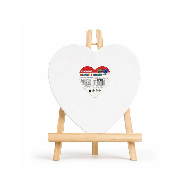 Heart-shaped white board with a wooden stand on a white background