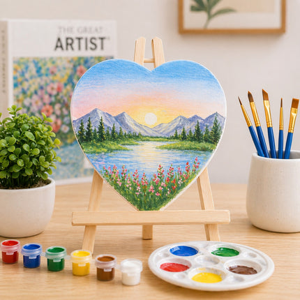 Heart-shaped painting of a landscape on an easel with art supplies on a table.