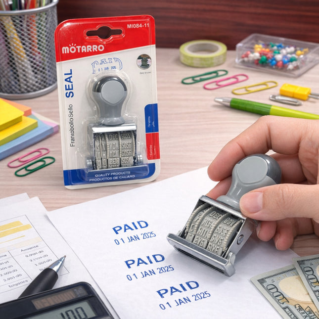 Hand using a self-inking stamp with 'PAID' text on a document, Motarro brand packaging visible.