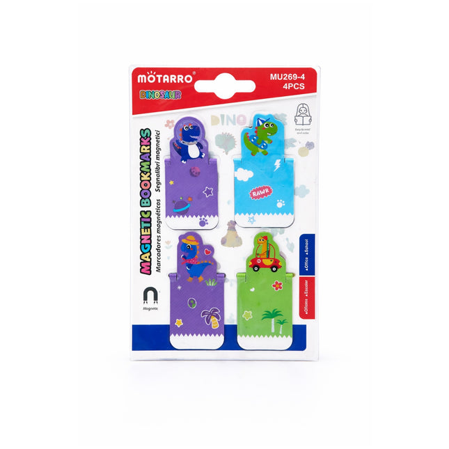 Packaging of Motarro dinosaur-themed magnetic bookmarks on a white background