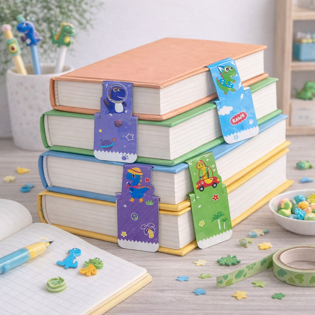 Stack of books with colorful dinosaur-themed bookmarks on a desk with stationery items.