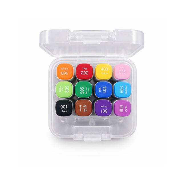 Set of colorful markers in a clear plastic case on a white background