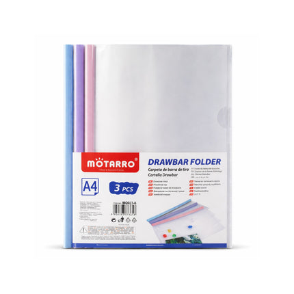 Motarro drawbar folder packaging with three colorful drawbars on a white background