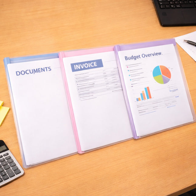 Document holder with financial documents including 'Documents', 'Invoice', and 'Budget Overview' on a desk.