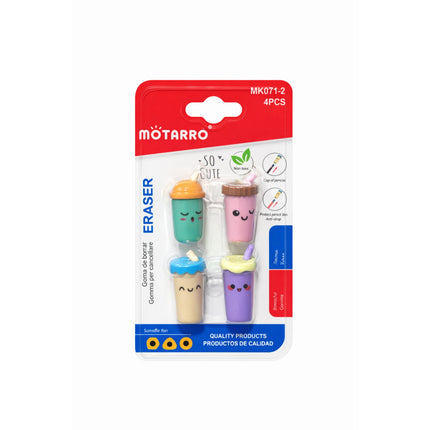 Pack of four cartoon-style erasers in colorful packaging with Motarro branding.