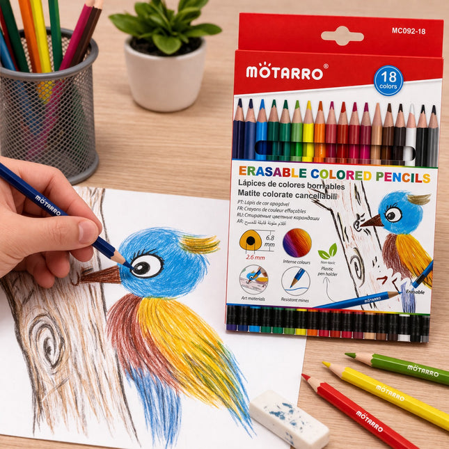 Métarro erasable colored pencils set with coloring book and pencils on a table.