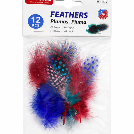 Packaged feathers with colorful plumes on a white background