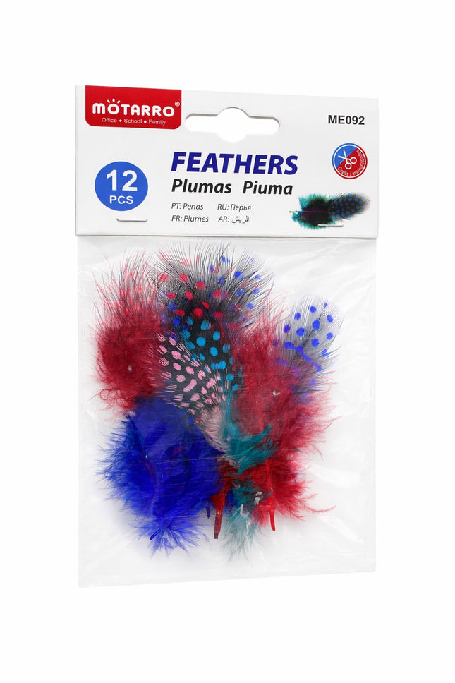 Packaged feathers with colorful plumes on a white background