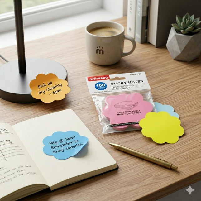 Desk with a notebook, coffee mug, and colorful sticky notes.