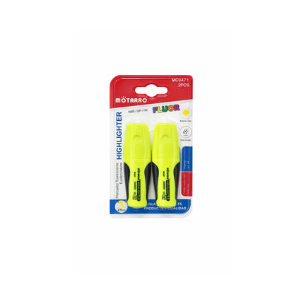Two yellow highlighters in a Motarro packaging on a white background