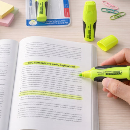 Person using a yellow highlighter to mark text in an open book with additional highlighters and a book on a table.