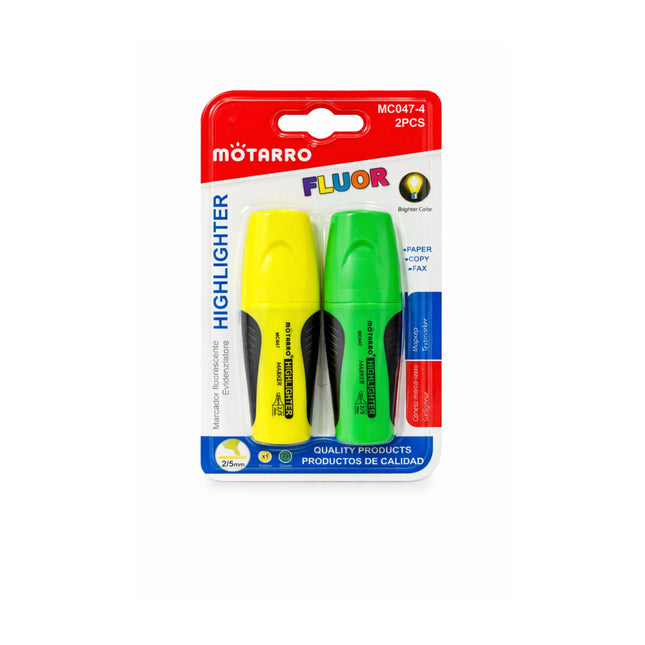 Two highlighters in yellow and green with a red and white packaging on a white background