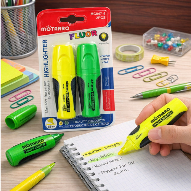Motarro highlighters with packaging on a desk with stationery items