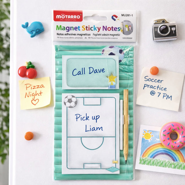 Magnet Sticky Notes set with various notes and a packaging display on a white background.