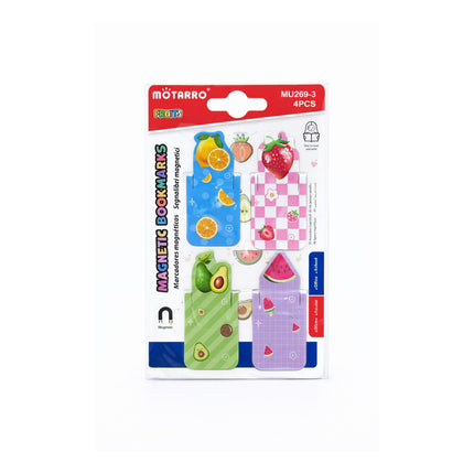 Pack of magnetic bookmarks with colorful designs on a white background