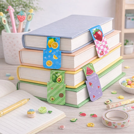 Stack of books with colorful bookmarks on a desk with stationery items.