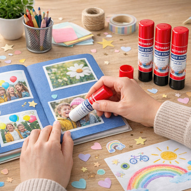 Person using a glue stick to attach photos to a scrapbook on a wooden table with craft supplies.