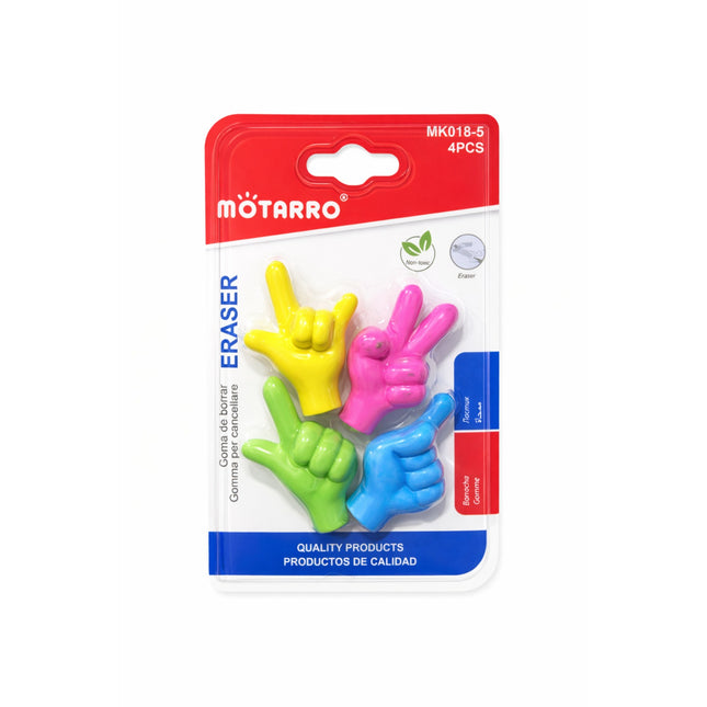 Pack of colorful hand-shaped erasers with Motarro branding on a white background