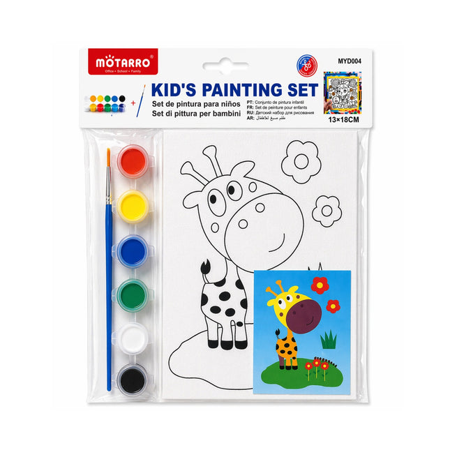 Motorro kids painting set with paint, brush, and coloring book on a white background